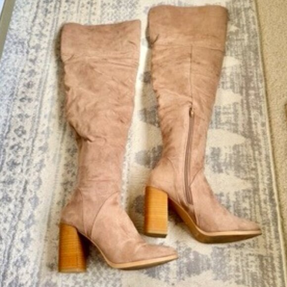 Call It Spring Shoes - Tan Vegan Suede Over The Knee Stacked Wooden Heel Boots